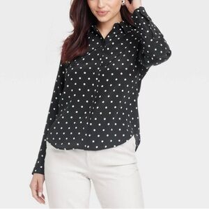 A New Day Black Polka Dot Long Sleeve Collared Button Down Shirt
